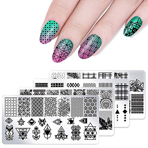 YUECUTE Nail Art Stamping Tool Kit Manicura Herramienta 8pcs Nail Stamping Placas 1 Stamper 1 Raspador Plantillas Estampación Kit DIY Impresión Manicura Salón Diseño Flores Encaje Geométrico