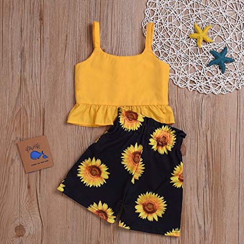 YWLINK Conjunto NiñA Correa Sin Mangas para NiñOs Color SóLido Chaleco con Frunce con Volantes Superior+Pantalones con Estampado De Arco De Girasol Mezcla De AlgodóN Linda(Amarillo,3-4 años/120)