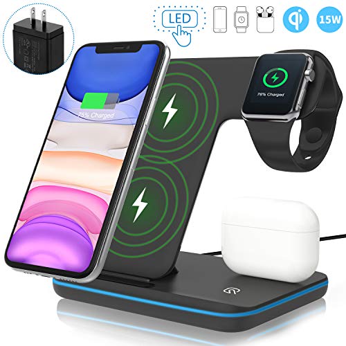 ZHIKE Cargador Inalámbrico, 3 en 1 Qi 15W Estación de Carga Rápida para Apple iWatch 5/4/3/2/1, AirPods, Soporte de Carga Inalámbrico Compatible con iPhone 11 Series/XS MAX/XR/XS/X/8/8 Plus/Samsung