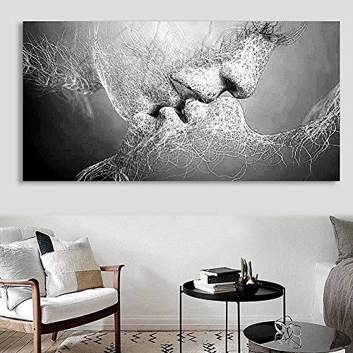 ZHOUBA Moderno monocromático del beso del amor del arte abstracto en lona Pintura Arte cuadro de la pared Decoración del hogar 60*40cm Black And White