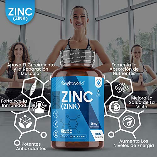 Zinc 25 mg Vegano 365 Comprimidos, Suministro Anual - Gluconato de Zinc, Mejora el Sistema Inmunologico, Aumenta Metabolismo, Fortalece Cabello, Piel, Huesos y Uñas, Ayuda a Aumentar Testosterona