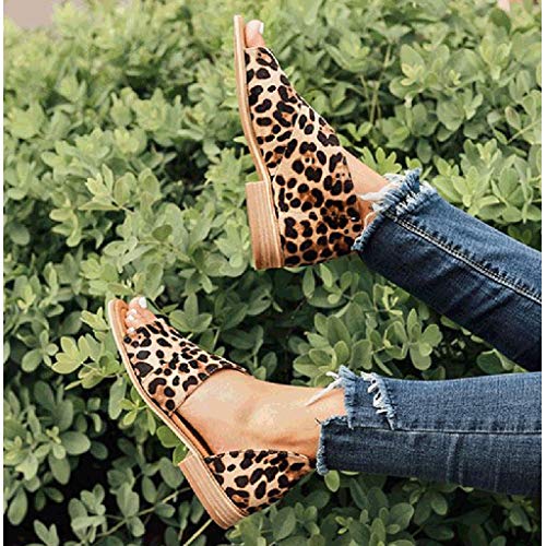 2019 Sandalias De Vestir Para Mujer, Zapatos De Tacón Cuadrado Bajo De Leopardo Sexy Zapatillas Sin Cordones Hebillas Peep-Toe Zapatos Casual De Playa Vacasiones De Verano Primavera(Marron, 38