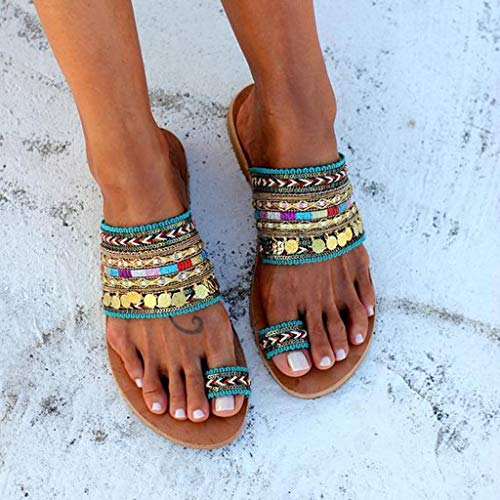 AIni Zapatos De Playa Verano Mujer Sandalias Estampadas Estilo Etnico Sandalias Bohemias Zapatillas Planas De TacóN Bajo Zapatos Planos De Estilo Europeo Y Americano Sandalias De Punta Abierta 35-43