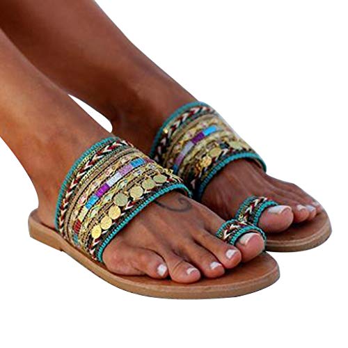 AIni Zapatos De Playa Verano Mujer Sandalias Estampadas Estilo Etnico Sandalias Bohemias Zapatillas Planas De TacóN Bajo Zapatos Planos De Estilo Europeo Y Americano Sandalias De Punta Abierta 35-43