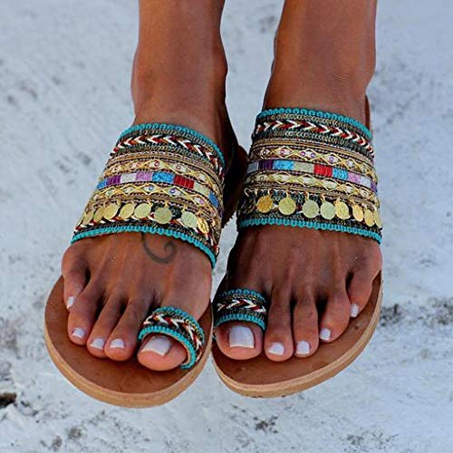 AIni Zapatos De Playa Verano Mujer Sandalias Estampadas Estilo Etnico Sandalias Bohemias Zapatillas Planas De TacóN Bajo Zapatos Planos De Estilo Europeo Y Americano Sandalias De Punta Abierta 35-43