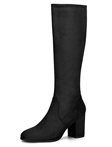 Allegra K Botas Rodilla Alta Tacón Grueso Cremallera Lateral Punta Redonda para Mujeres Negro 36 EU