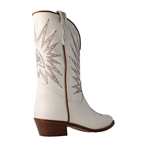 ALPE 4571 - Bota Tejana Piel Blanca con Dibujo PESPUNTEADO para Mujer Color: Blanco Talla: 36 EU