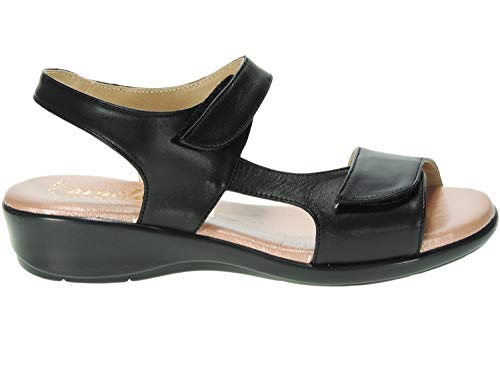 Amelie 404A Sandalia Piel | Comodona Ancho Especial | Cuña de 4 Cm con Planta Gel | Ajustes con Velcro | para Mujer Negro Talla 38