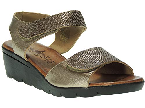 Amelie 853A Sandalia Piel para Mujer con Cuña de 4CM, Planta de Gel y Ajustes con Velcro Onix Talla 39