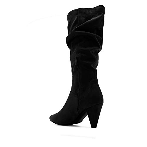 Andrés Machado – Botas de Invierno en simil Ante para Mujer/Adolescente - Caña Alta y Arrugada - AM4122 – Cierre de Cremallera Interior - Tacón Cono Ancho - Negro, EU 43