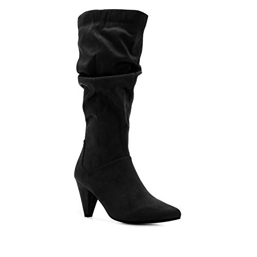 Andrés Machado – Botas de Invierno en simil Ante para Mujer/Adolescente - Caña Alta y Arrugada - AM4122 – Cierre de Cremallera Interior - Tacón Cono Ancho - Negro, EU 43