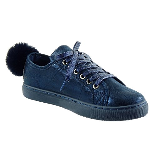 Angkorly - Zapatillas de Moda Deportivos Mujer Pompom Brillantes Talón Tacón Ancho 2.5 CM - Azul RW752 T 39