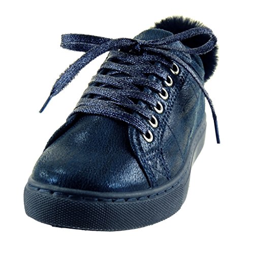 Angkorly - Zapatillas de Moda Deportivos Mujer Pompom Brillantes Talón Tacón Ancho 2.5 CM - Azul RW752 T 39