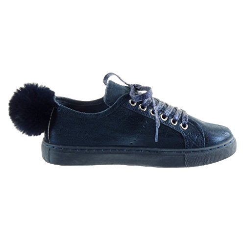 Angkorly - Zapatillas de Moda Deportivos Mujer Pompom Brillantes Talón Tacón Ancho 2.5 CM - Azul RW752 T 39