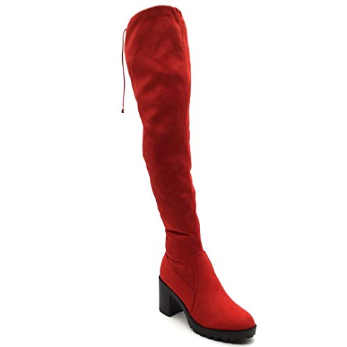 Angkorly - Zapatillas Moda Botas Altas Botas Flexible Cavalier Sexy Mujer Encaje básica  Tacón Ancho Alto 8 CM - Rojo FH625 T 40