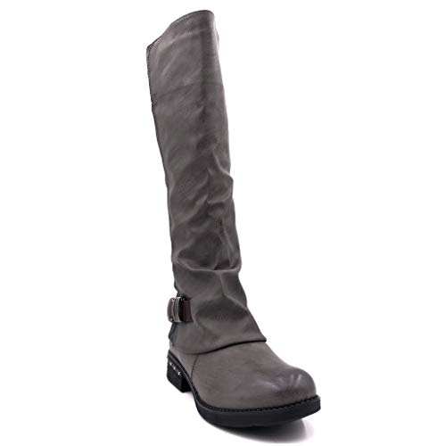 Angkorly - Zapatillas Moda Botas Botas Altas Western/Occidental Biker Motociclistas Cavalier Mujer Anillos Tachonado Tanga Tacón Ancho 3 CM Ligeramente Forrada de Piel - Gris FR233 T 39