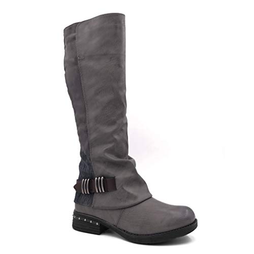 Angkorly - Zapatillas Moda Botas Botas Altas Western/Occidental Biker Motociclistas Cavalier Mujer Anillos Tachonado Tanga Tacón Ancho 3 CM Ligeramente Forrada de Piel - Gris FR233 T 39