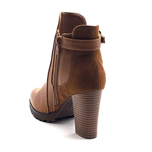 Angkorly - Zapatillas Moda Botines Botas Biker - Moto Sexy Glam Rock Mujer Tanga Tachonado Tacón Ancho Alto 9 CM - Camel C680 T 36