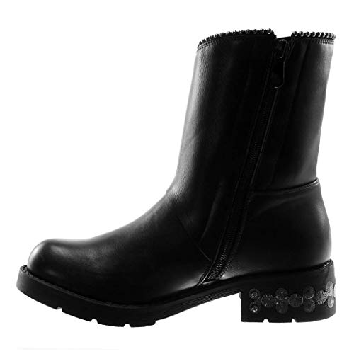 Angkorly - Zapatillas Moda Botines Botas Biker Motociclistas Rock Mujer Perla Tachonado Hebilla Tacón Ancho Alto 4 CM - Negro 520-8 T 37