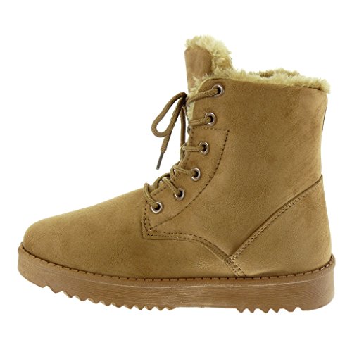 Angkorly - Zapatillas Moda Botines Botas de Nieve Botas Militares Mujer Piel Acabado Costura Pespunte Talón tacón Plano 3 CM - Camel 2017-9 T 40