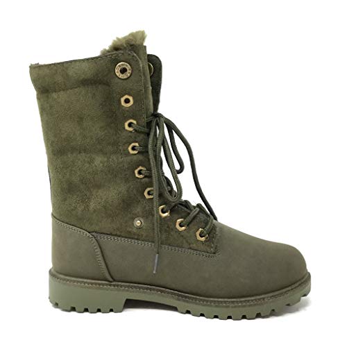 Angkorly - Zapatillas Moda Botines Deportivos Botas Militares Street Mujer Mantener Caliente Piel sintética Tacón Ancho 2.5 CM Forrada de Piel - Verde A-5 T 37