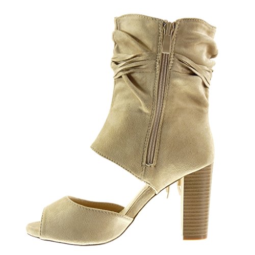 Angkorly - Zapatillas Moda Botines Sandalias Peep-Toe Abierto Sexy Mujer Tanga Fleco Talón Tacón Ancho Alto 9 CM - Beige AF-710 T 41