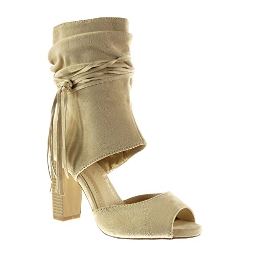 Angkorly - Zapatillas Moda Botines Sandalias Peep-Toe Abierto Sexy Mujer Tanga Fleco Talón Tacón Ancho Alto 9 CM - Beige AF-710 T 41