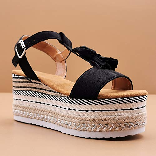 Angkorly - Zapatillas Moda Sandalias Mula Correa-T Gran Plataforma Bohemia Mujer Fleco Cuerda Plataforma 8 CM - Negro 2 XF89 T 37