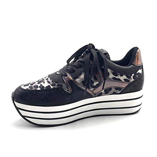 Angkorly - Zapatillas Moda Zapatilla - Sneakers de cuña Gran Plataforma Plano Streetwear Mujer Leopardo Rayas Plataforma 5 CM - Negro 6 F3201 T 41