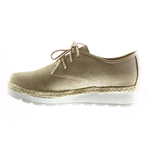 Angkorly - Zapatillas Moda Zapato Derby Alpargatas Plataforma Mujer líneas Acabado Costura Pespunte Talón Plataforma 3 CM - Oro F1231 T 37