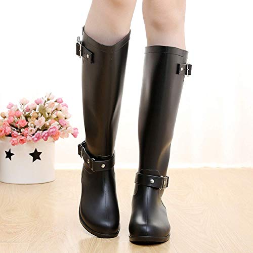 AONEGOLD Botas de Agua Mujer Lluvia Altas Zapato Impermeables Ajustable Cremallera y Hebilla Goma Botas Wellington(Negro 1,38 EU)