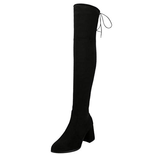 BeiaMina Mujer Botas Elegante Tacón Ancho Botas Largas Cremallera Otoño Invierno Zapatos Tacón Grueso Botas sobre La Rodilla Black Talla 46 Asiática