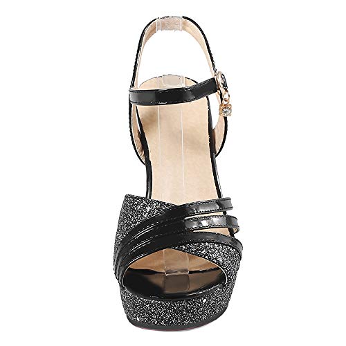 BeiaMina Mujer Zapatos Moda Tacón Alto Sandalias Plataforma Fiesta Zapatos Tacón Ancho Verano Zapatos Glitter Black Talla 34 Asiática