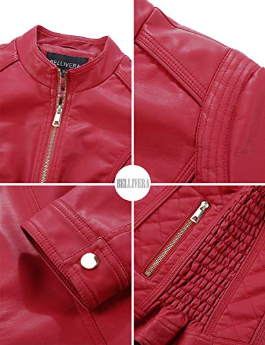 Bellivera Chaqueta de Cuero PU para Mujer(3 Colores), Chaqueta con Bolsillos con Cremallera, Chaqueta Corta para el Otoño, Primavera, Rojo, L