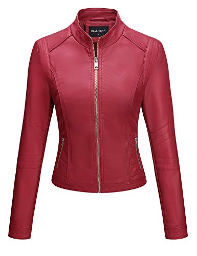 Bellivera Chaqueta de Cuero PU para Mujer(3 Colores), Chaqueta con Bolsillos con Cremallera, Chaqueta Corta para el Otoño, Primavera, Rojo, L