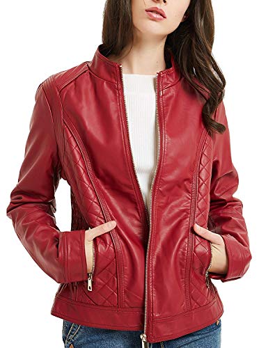 Bellivera Chaqueta de Cuero PU para Mujer(3 Colores), Chaqueta con Bolsillos con Cremallera, Chaqueta Corta para el Otoño, Primavera, Rojo, L