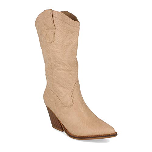 Bota para Mujer, con Tacon, Comodas, de Punta Fina, Estampado de Estilo Serpiente, y Cierre de Cremallera, Otono Invierno 2020. Talla 38 Beige