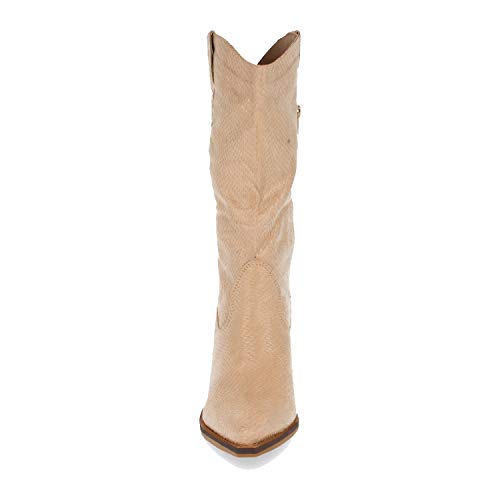 Bota para Mujer, con Tacon, Comodas, de Punta Fina, Estampado de Estilo Serpiente, y Cierre de Cremallera, Otono Invierno 2020. Talla 38 Beige