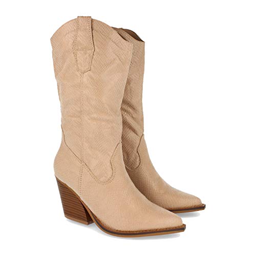 Bota para Mujer, con Tacon, Comodas, de Punta Fina, Estampado de Estilo Serpiente, y Cierre de Cremallera, Otono Invierno 2020. Talla 38 Beige