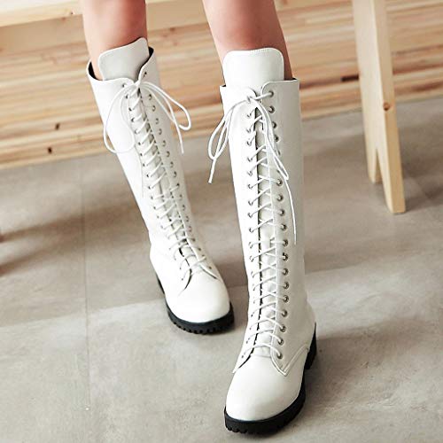 Botas Altas Mujer Plataforma Zapatos con Cordones con Piel Botas Militares Botas Punk Moto Calzado Casuales Clásicos Otoño Invierno (Blanco,43)