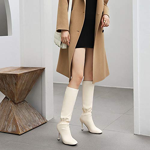 Botas Altas para Mujer, Botas De Tacón De Aguja con Punta Cuadrada, Botas Altas Cálidas De Otoño Invierno, Botas De Charol para Mujer De Gran Tamaño,Beige,44EU