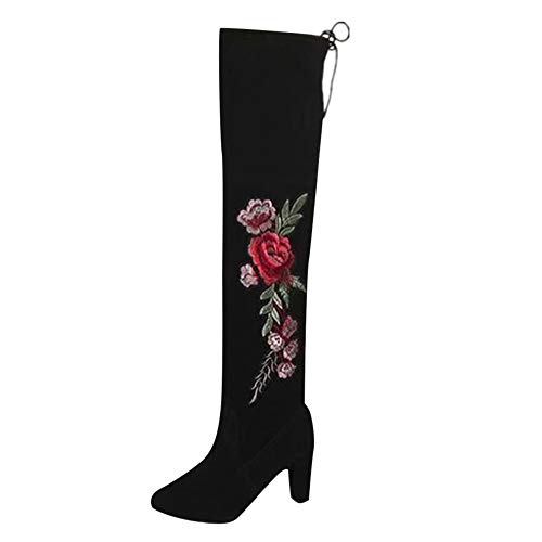 Botas AltoTobillo Alto Mujer, LANSKIRT Zapatos Mujer Rosa Bordada Botas Altas del Muslo Botas sobre la Rodilla Zapatos de Tacones Altos Botas de Nieve Botas de Vaquero