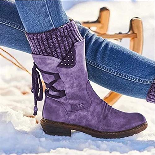 Botas de invierno cálidas con cordones en la parte posterior al aire libre de invierno botas de nieve de piel botines de moda para mujeres y niñas, color Morado, talla 40 EU