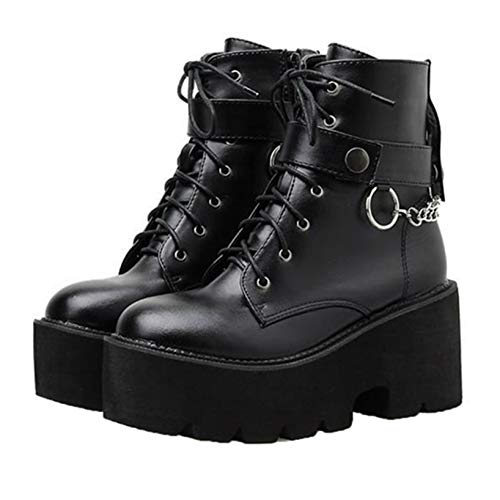 Botas de Motocicleta de Moda para Mujer, Punta Redonda con Cordones, Tacones Altos Cuadrados, Otoño Invierno, Botines de Plataforma Punk con Cadena de Metal