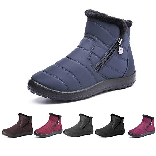 Botas de Nieve para Mujer,Camfosy Botines de Invierno Impermeables Piel Interior cálida Zapatos Planos Tacón Plano Ciudad Botas Antideslizante Cómoda Negro Azul Rojo 2020