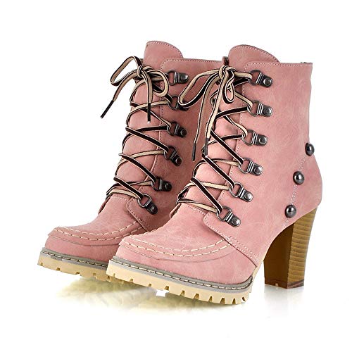 Botas de Tacón Mujer K-Youth Zapatos Mujer Invierno Moda Zapatos Altos Talones Cordones Botas Botas Mujer Invierno Altas Tacon 2019 (Rosa, 38 EU)