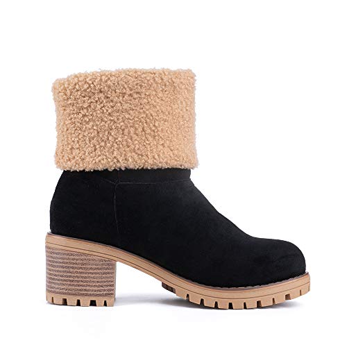 Botas Mujer Invierno Forradas Cálidas Botines Serraje Tacón Ancho Medio 6CM Plataforma Zapatos Nieve Cómodos Casual Negro EU 42