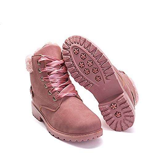 Botas Nieve Mujer Otoño Invierno Calentar Piel Forro Botines Retro Snow Boots Cordones Zapatillas Planas Rosa 40