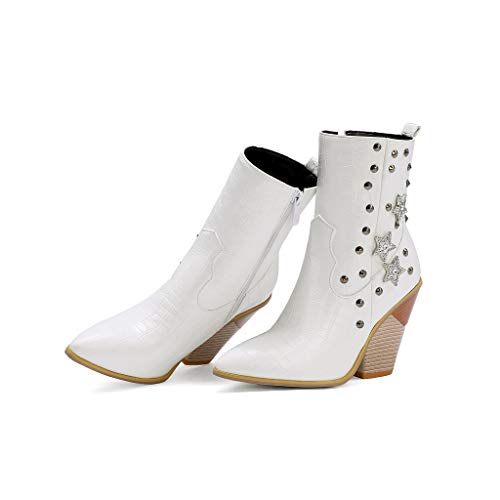 Botines para mujer, tallas grandes, con remaches, tacón muy alto, bajo tubo, a la moda, con puntas, diseño de piel de serpiente, color Blanco, talla 38 EU