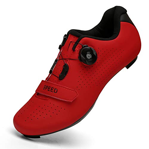 Calzado de Ciclismo para Hombre, Mujer, Ciclismo de Carretera, Calzado para Montar, Hebilla giratoria, Taco Transpirable Red46